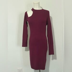 GUESS, Plum-hue, Ribbed, Shoulder Cut-Out, Mock Neck Sweater Dress, Size OS